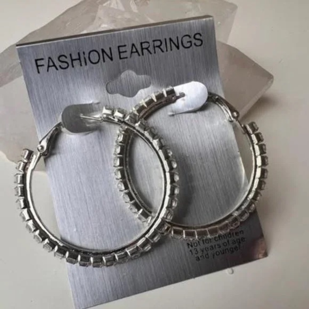 Small Silver Rhinestone Hoop Earrings - Picture 4 of 5
